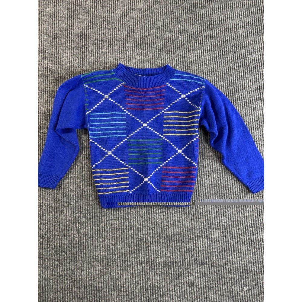 Miss‎ Manhattan Girls Large Blue Argyle Pullover Sweater 100% Acrylic Vintage